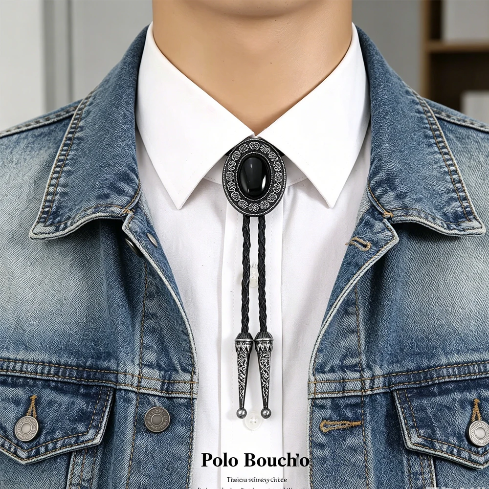 Corbata Bolo Estilo Western Vintage con Flor Plateada y Piedra Natural Negra, Cordón de Cuero, Unisex, para Uso Diario