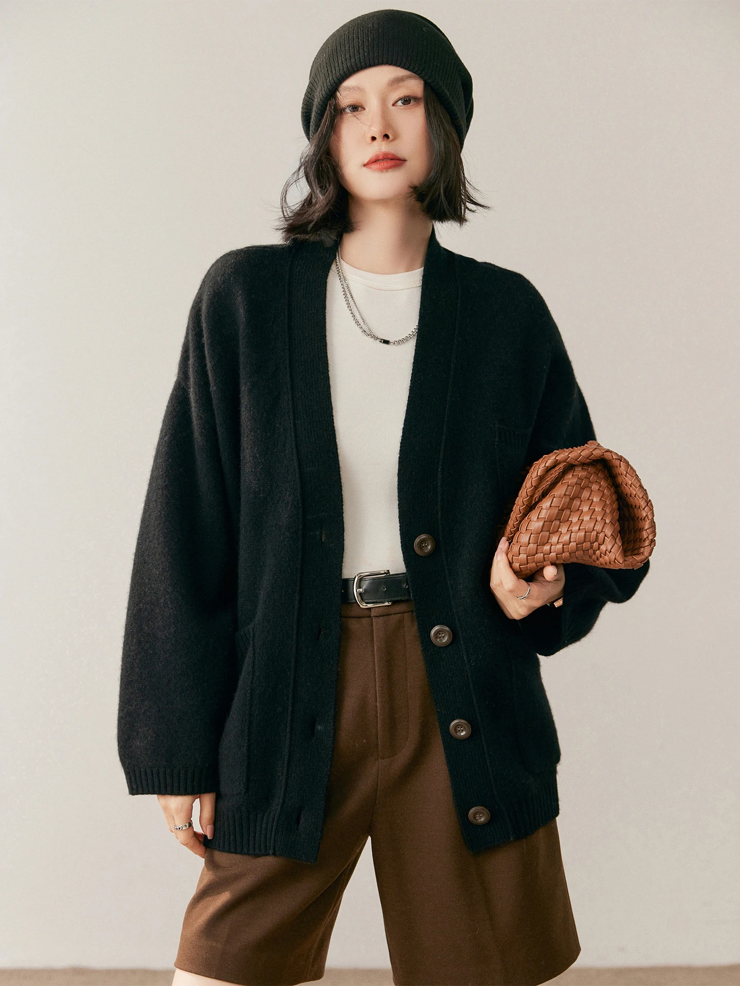 

Женский 100% кашемировый осенне-зимний кардиган, свитер, толстый, теплый, свободный, однотонный, ленивый стиль, вязаная куртка с карманами, универсальная, легкая, роскошная