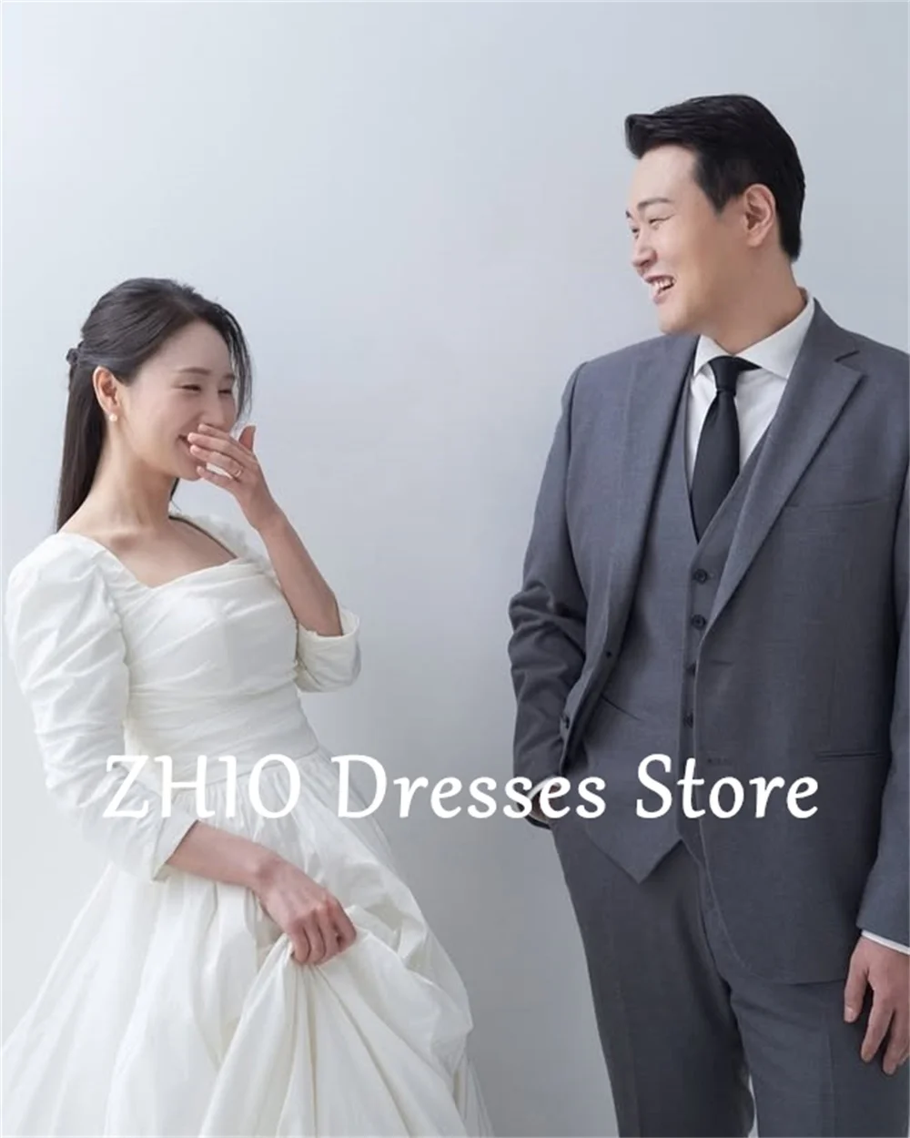 ZHIO Elegantes Hochzeitskleid mit quadratischem Kragen, bodenlang, A-Linie, Falten, Seide, Taftärmel, Brautkleid, Korea, Fotoshooting, individuell gestaltet