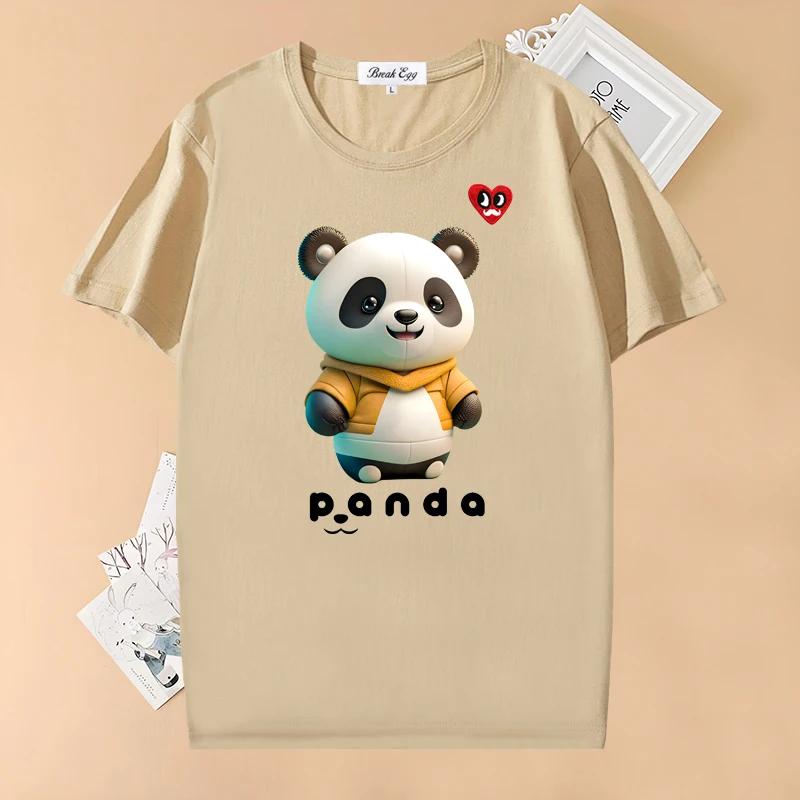 

Boxing Anime Panda Cute Printing Women T-shirt Red Eyes Beard Heart Embroidery Cotton O-neck Short-sleeved Grunge Lady Fit Tee