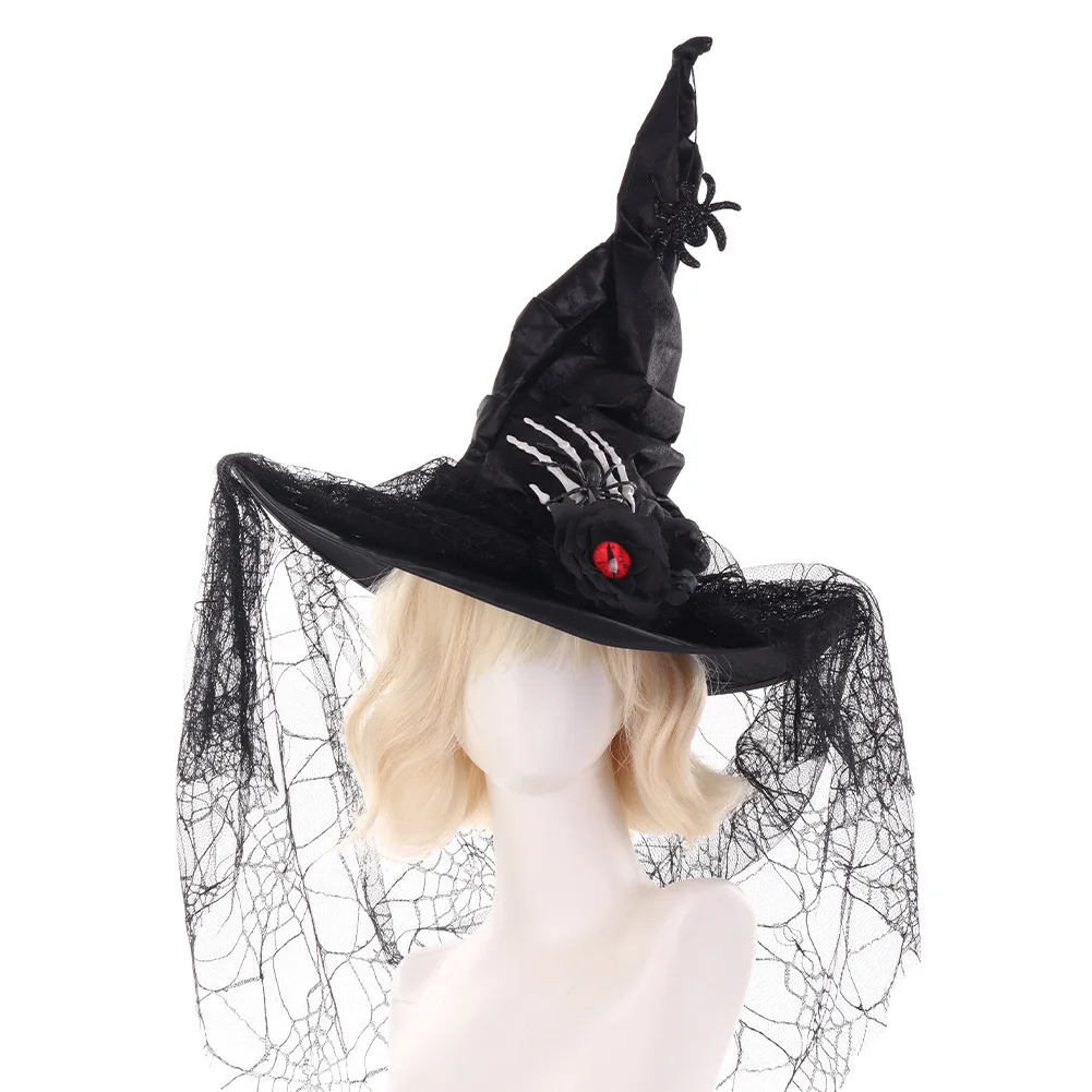 Cappello da strega in pizzo pieghettato di Halloween Palla da festa Cosplay Cappello da strega Mago Accessori per la decorazione di ragno con osso scuro