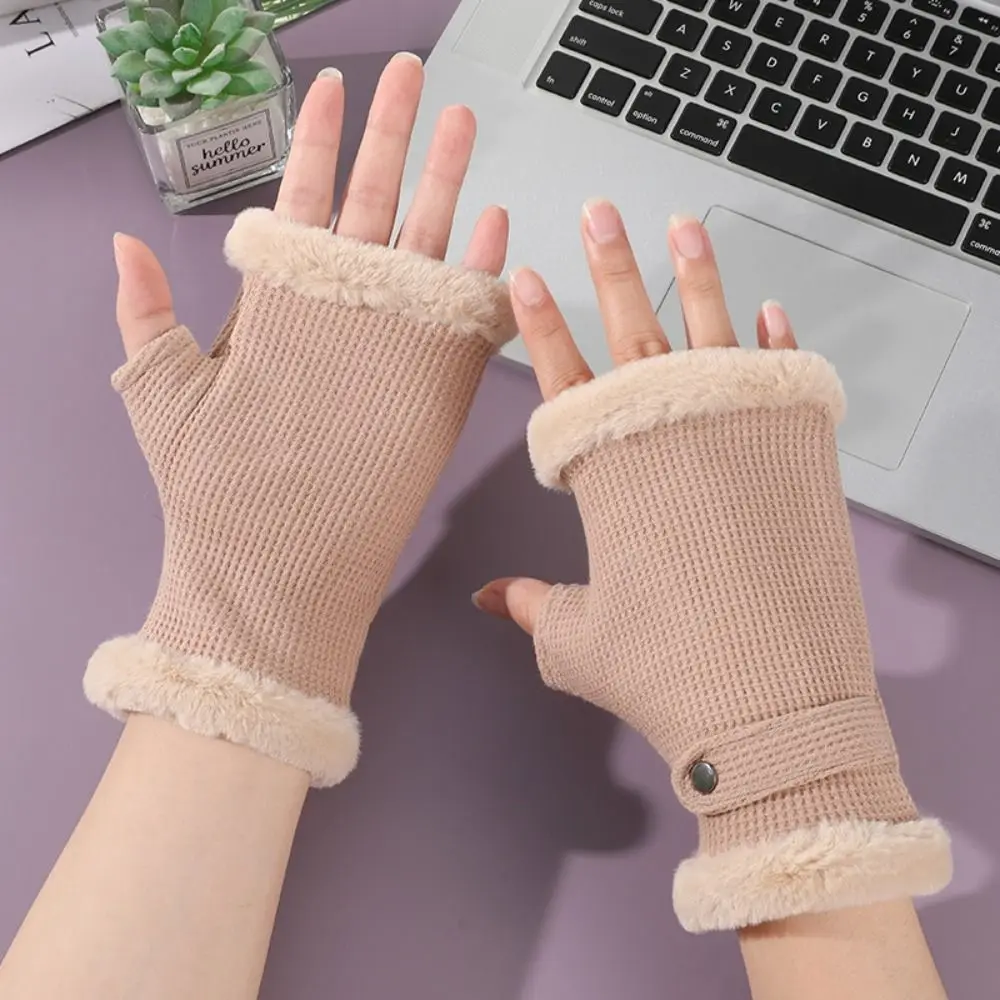 Guantes de medio dedo a la moda, manoplas de lana gruesas, a prueba de frío, de felpa, para escritura, de invierno