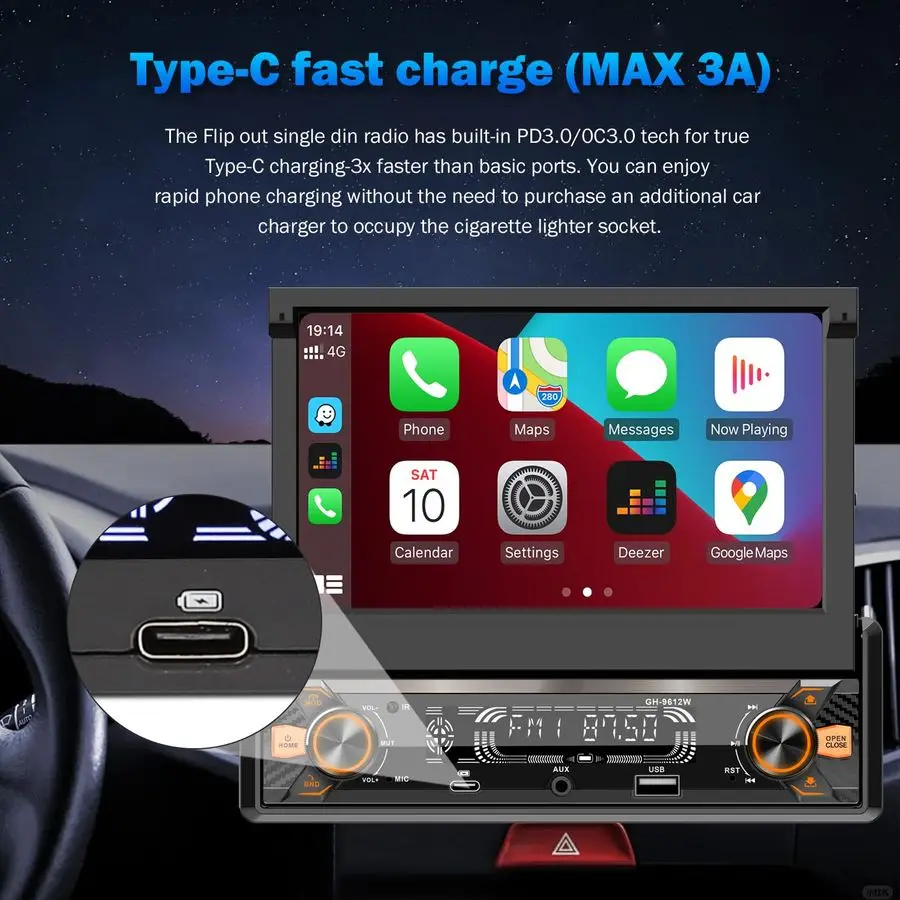 Автомобильный радиоприемник Din с сенсорным экраном 7, моторизованный откидной выход, совместимый с Apple CarPlay, беспроводная автомобильная стереосистема Android Auto, Bluetooth TypeC, США