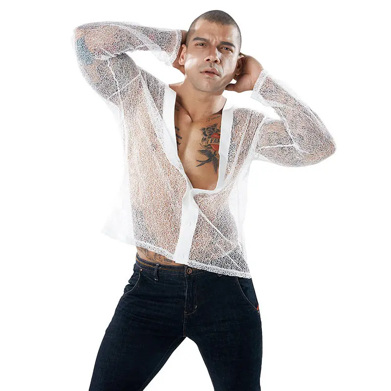 Male Senior Handsome Sexi Mesh Semi Sheer Shirts Tops Men Deep V Long Sleeve Date Home Blouse Party Nightclub Mature Desire Tees
