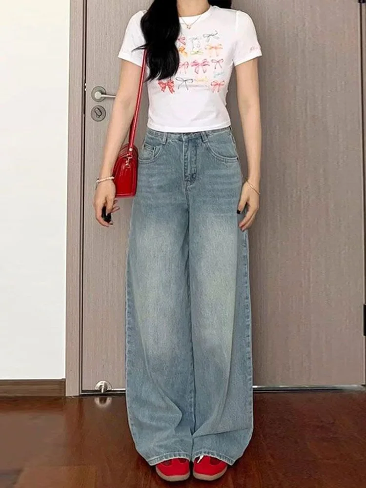 

Light Wash Wide Leg Denim Jeans High Waist Loose Fit for Pear Shaped Women Straight Cut Trousers Spring New Style Ladies Jeans
