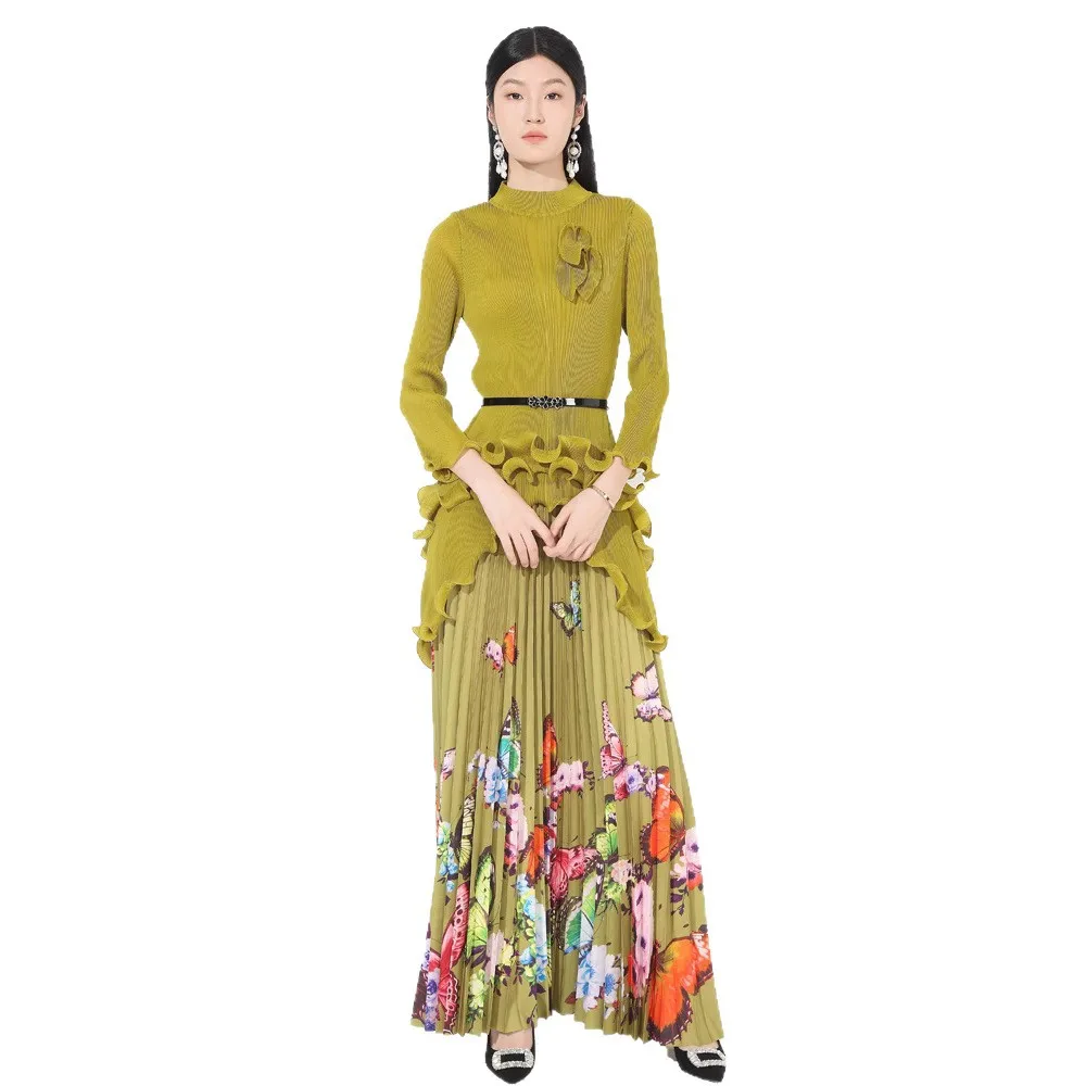 Set Atasan Pullover Tidak Beraturan Leher Bulat Kualitas Tinggi Keriput Rok Setengah Panjang Lantai Gambar Cetak Kupu-kupu Wanita Set Dua Potong Musim Panas