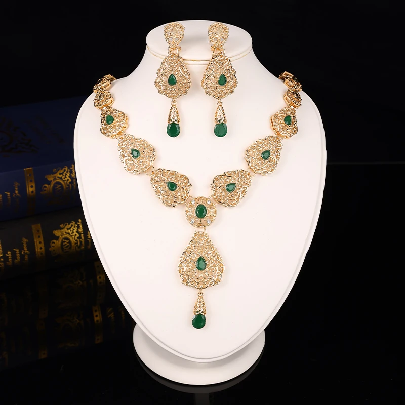 Moroccan Style Gold Color Necklace Earrings Set Handmade Women's Cecorative Jewelry Colored Rhinestone Matching Chain