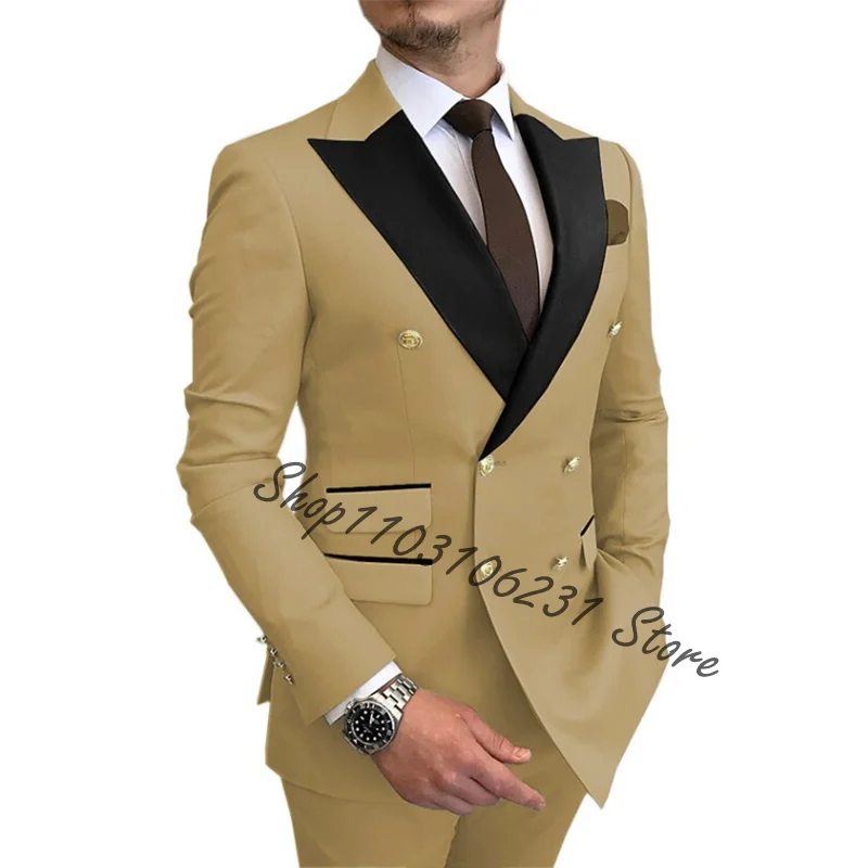 Tepe yaka çift göğüslü erkek takım elbise 2 parça iş resmi Groomsmen düğün smokin Slim Fit ceket Blazer pantolon kostüm Homme