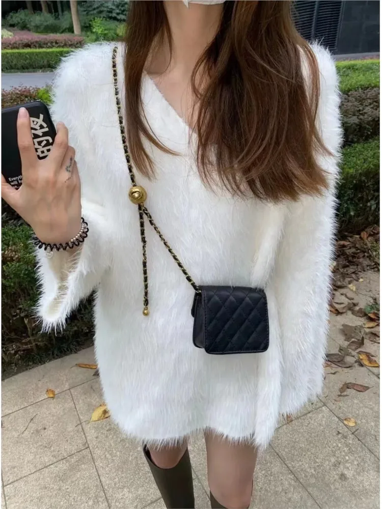 

New Autumn Winter V-nevk Imitation Mink Fur Sweater For Women Korean Chic Loose Mohair Soft Knitting Pullvoers Tops Woman