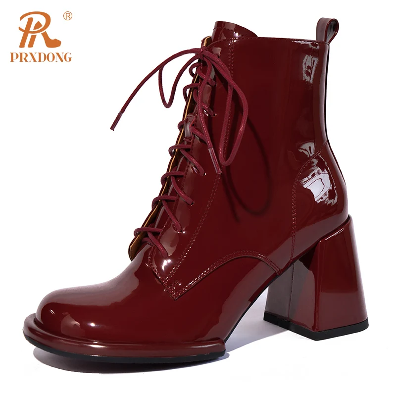 PRXDONG 2023 New Brand Genuine Leather Square High Heels Lace Up Autumn WInter Warm Ankle Boots Lady SHoes Dress Office SIZE 41