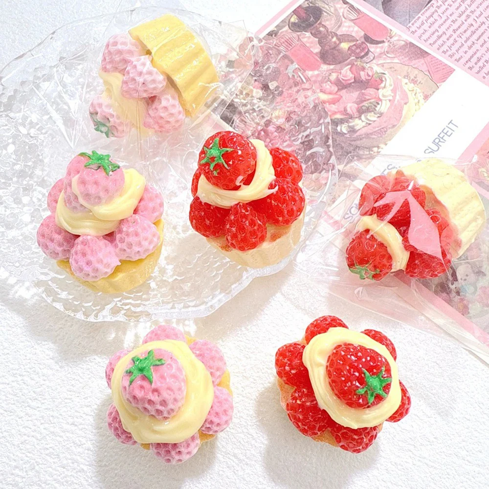 5PCS 24x24x30mm Strawberry Cake Miniature Flat Back Resin Cabochons For Hairpin Scrapbooking DIY Home Decor Craft Accessories