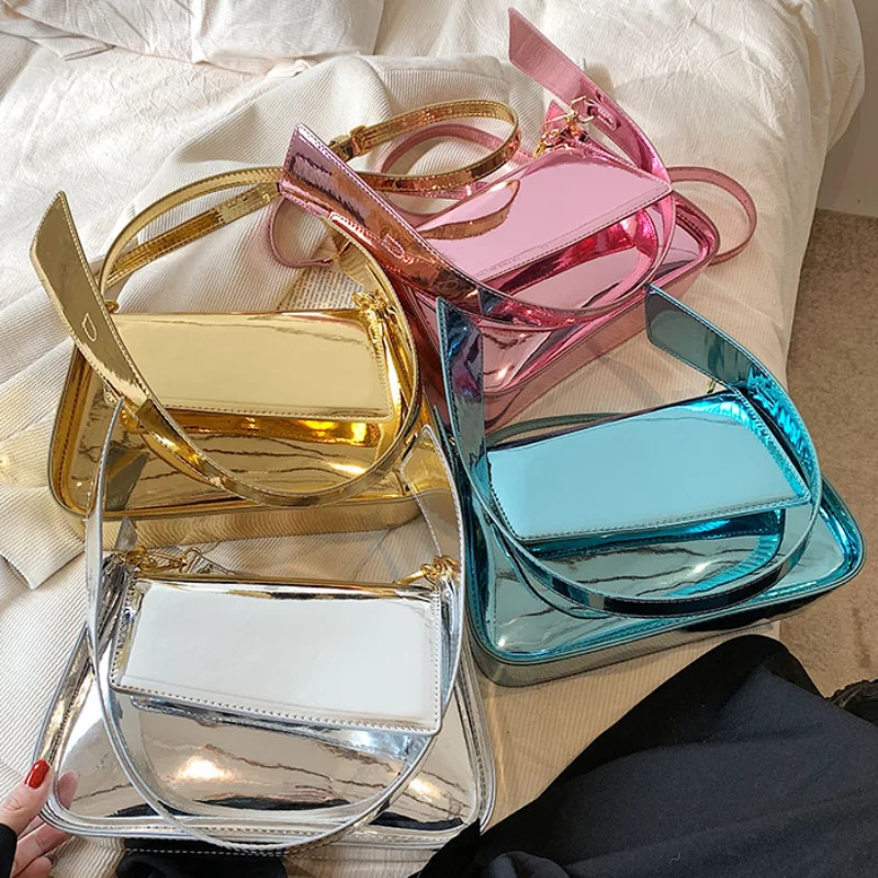 Shiny Square Bags for Women Trend 2024 Patent Leather Small Handbag Fashionable Mirror Luxury Party Underarm Shoulder Bag Woman