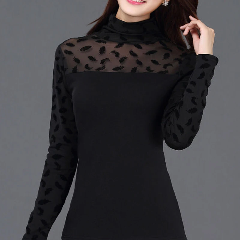 Women Winter Plush Warm Long Sleeve High Collar Elegant All Match T-shirt Fashion Sexy Mesh Patchwork Black Slim Pullover Tops