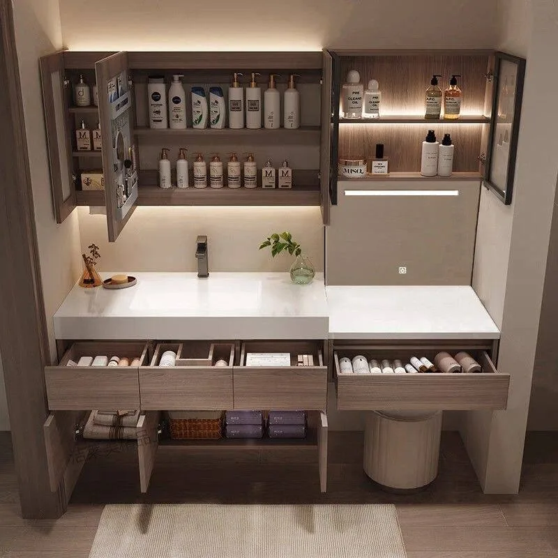 

vanity bathroom cabinet, rock slab hot bending seamless integrated multi-functional face wash cabinet