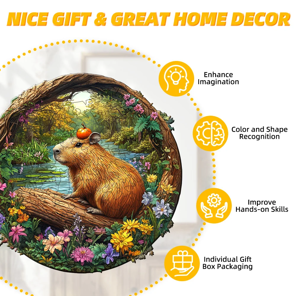 Wooden Jigsaw Puzzle - Capybara With Pumpkin Forest Animal Puzzle, Unique Irregular Shaped Pieces, 4-6 Hours Assembly, Eco-Frien