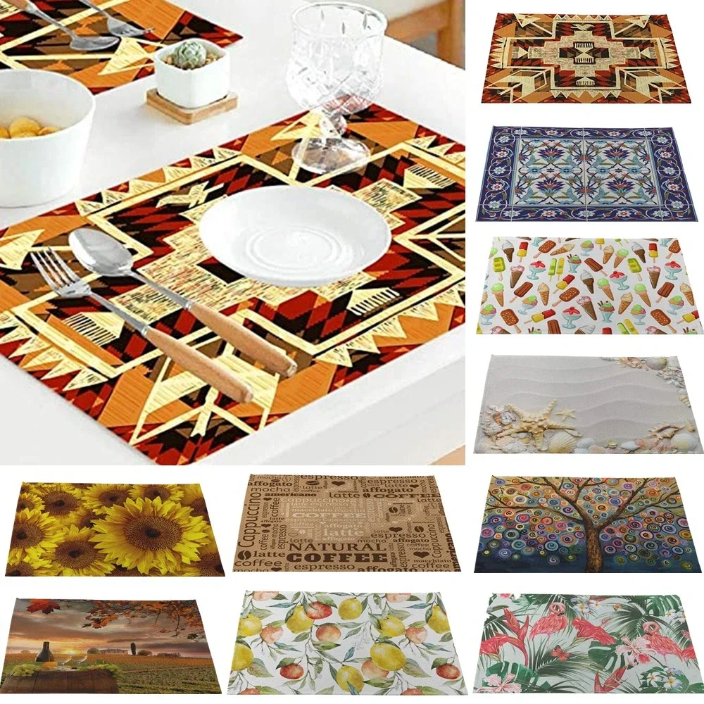 Vintage Geometric Placemats Print Icecream Fruit Place Mats Waterproof Non-Slip Heat-Resistant Linen Outdoor Dinner Table Mats