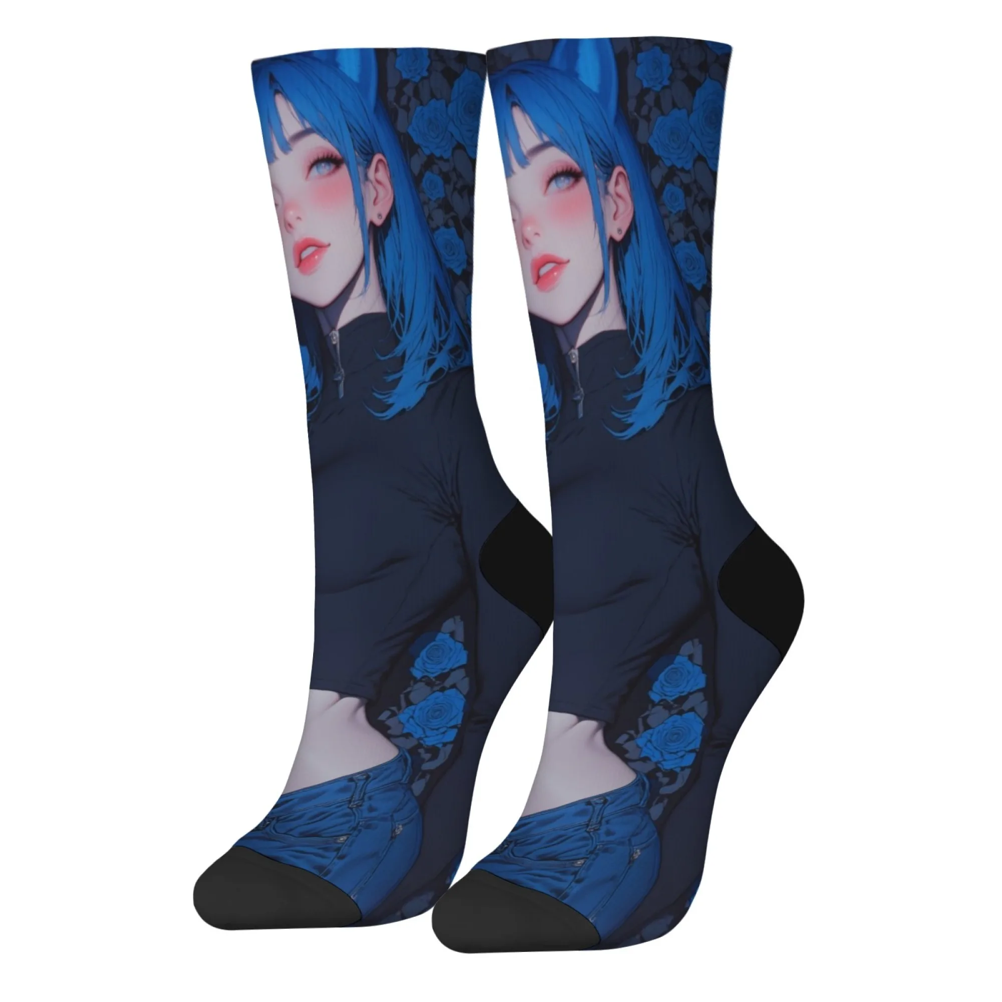 Blue Rose Anime Girl Harajuku Stijl Grappige Sokken Nieuwigheid Hip-Hop Trend Happy Socks Unisex Zachte Comfortabele Ademende Sokken Cadeau