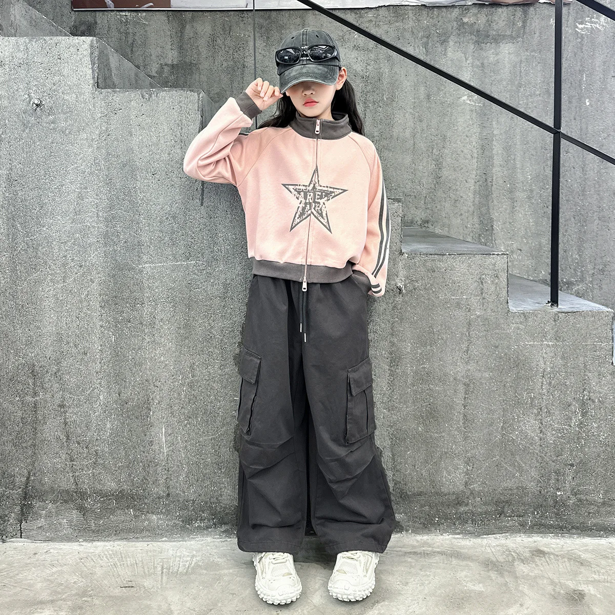 Spring Autumn Girl Children's Top And Bottom Set School Girl Five Pointed Star Cardigan Jacket+Sport Pants Students Clothes Sets