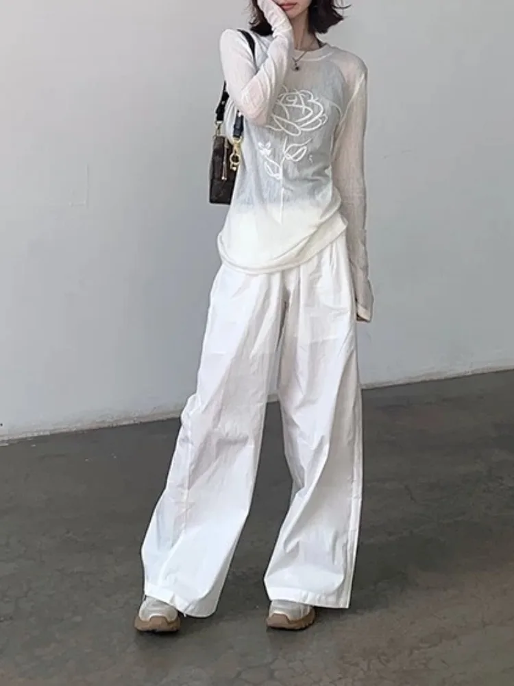 Retro Amerikaanse bloemenprint lange mouw dames T-shirt zomer slim fit design sensation small ence afslankend zonbescherming i...