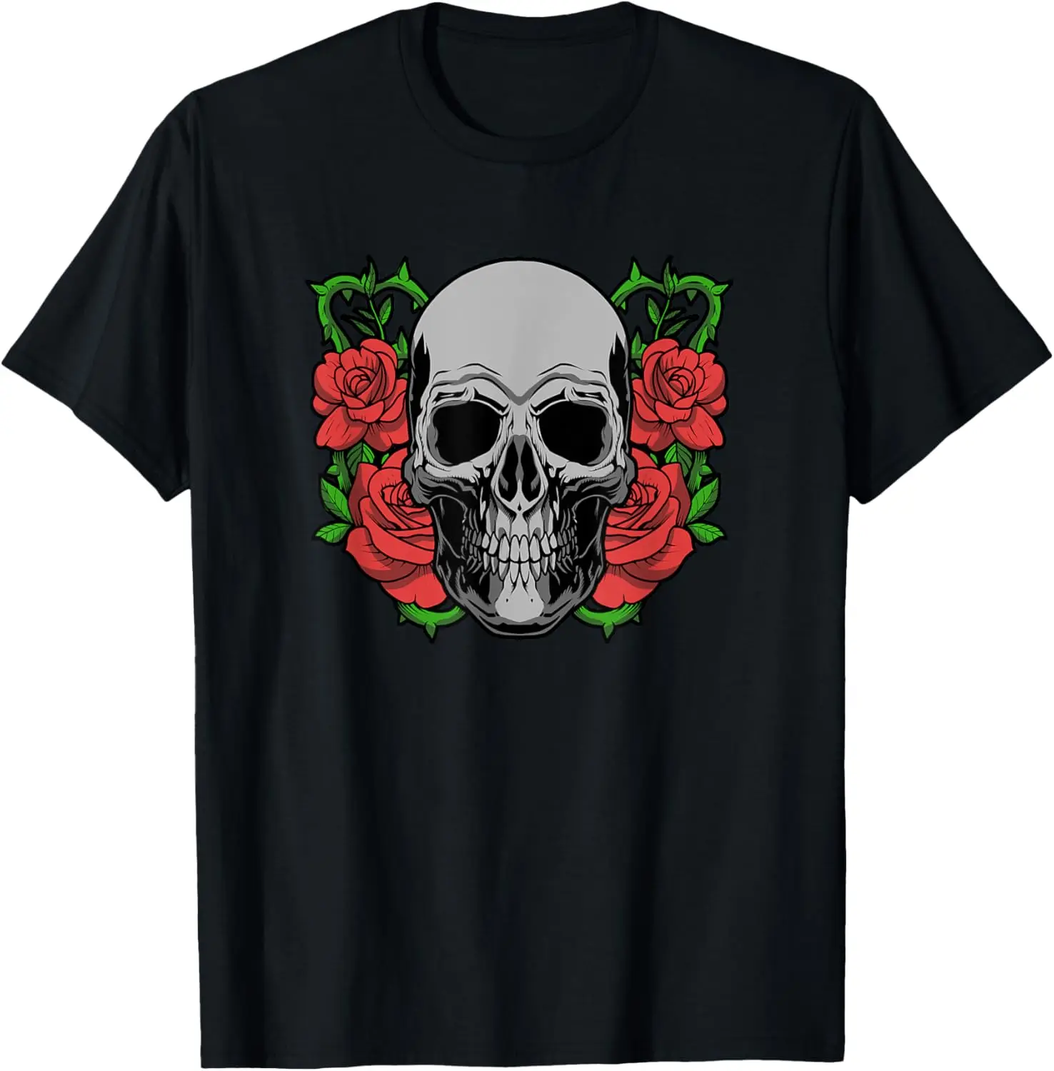 Skull Face Roses Occult - Flower Floral Skull Head Gothic T-Shirt