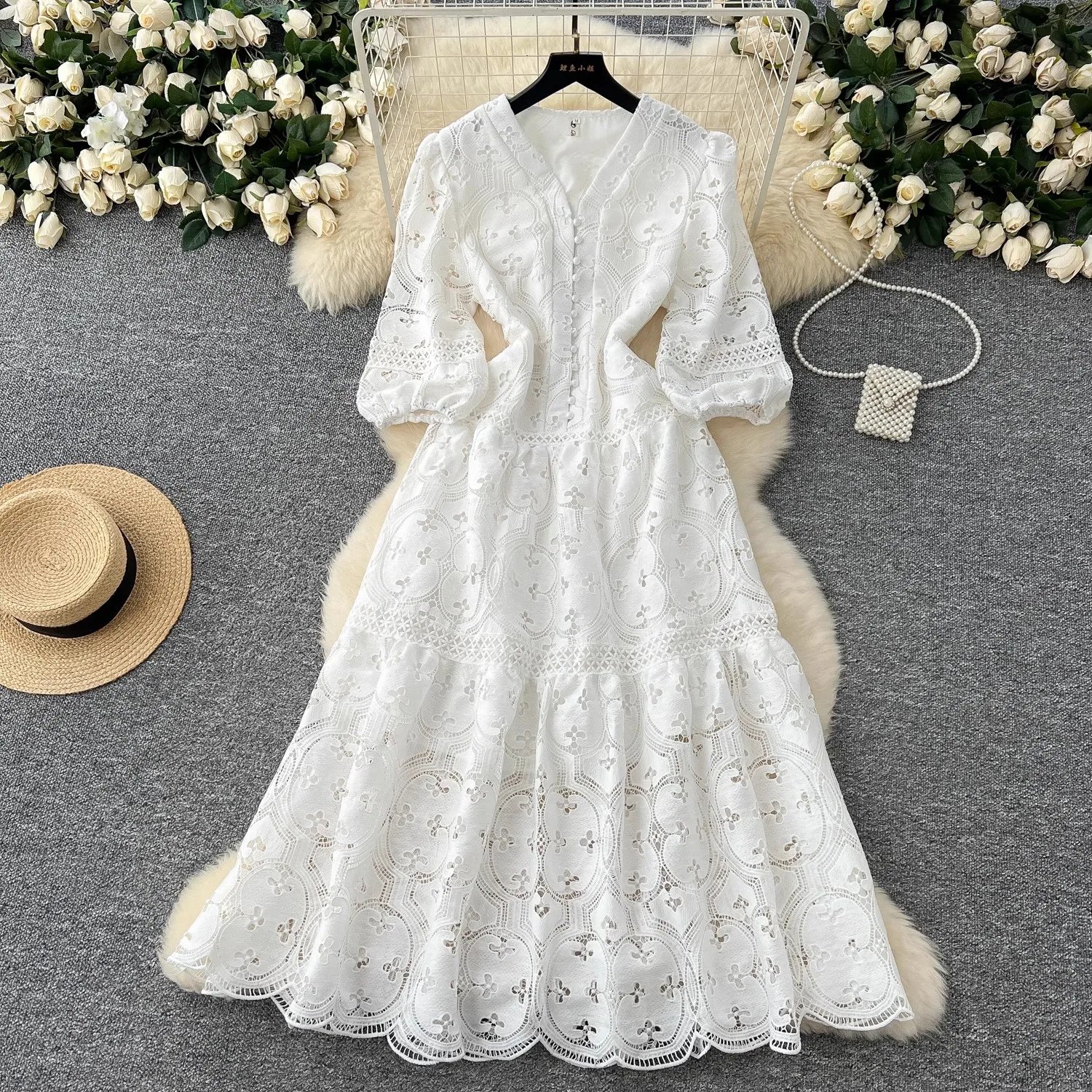 Summer Elegant Crochet Lace Flower Embroidery Dress Women's Puff Sleeve V-Neck High Waist Hollow Out Evening Party Vestidos