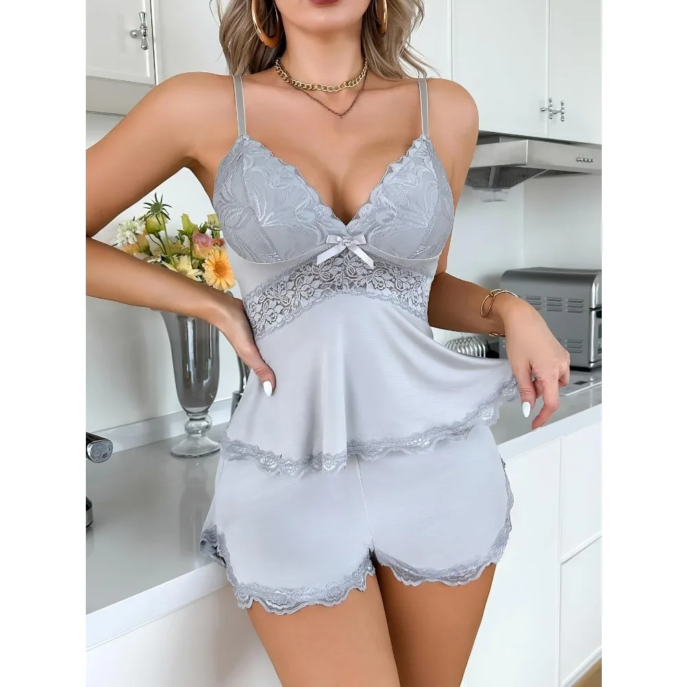 

Women's Sexy Leopard Pajamas Set Lace Sleeveless Top And Shorts 2 Piece Sleepwear Casual Loungewear For Women