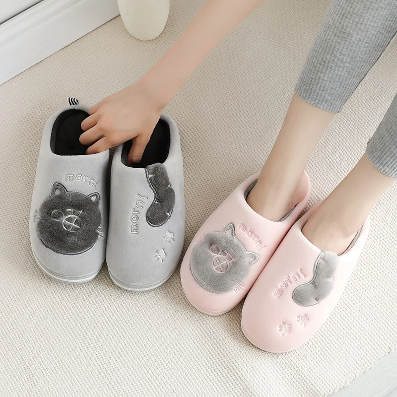 2024 Style Comfortable Winter Shoes Warm Fleece Cozy Non-slip Cotton Household Cartoon Cute Cat Sandal Outdoor Couples Slippers