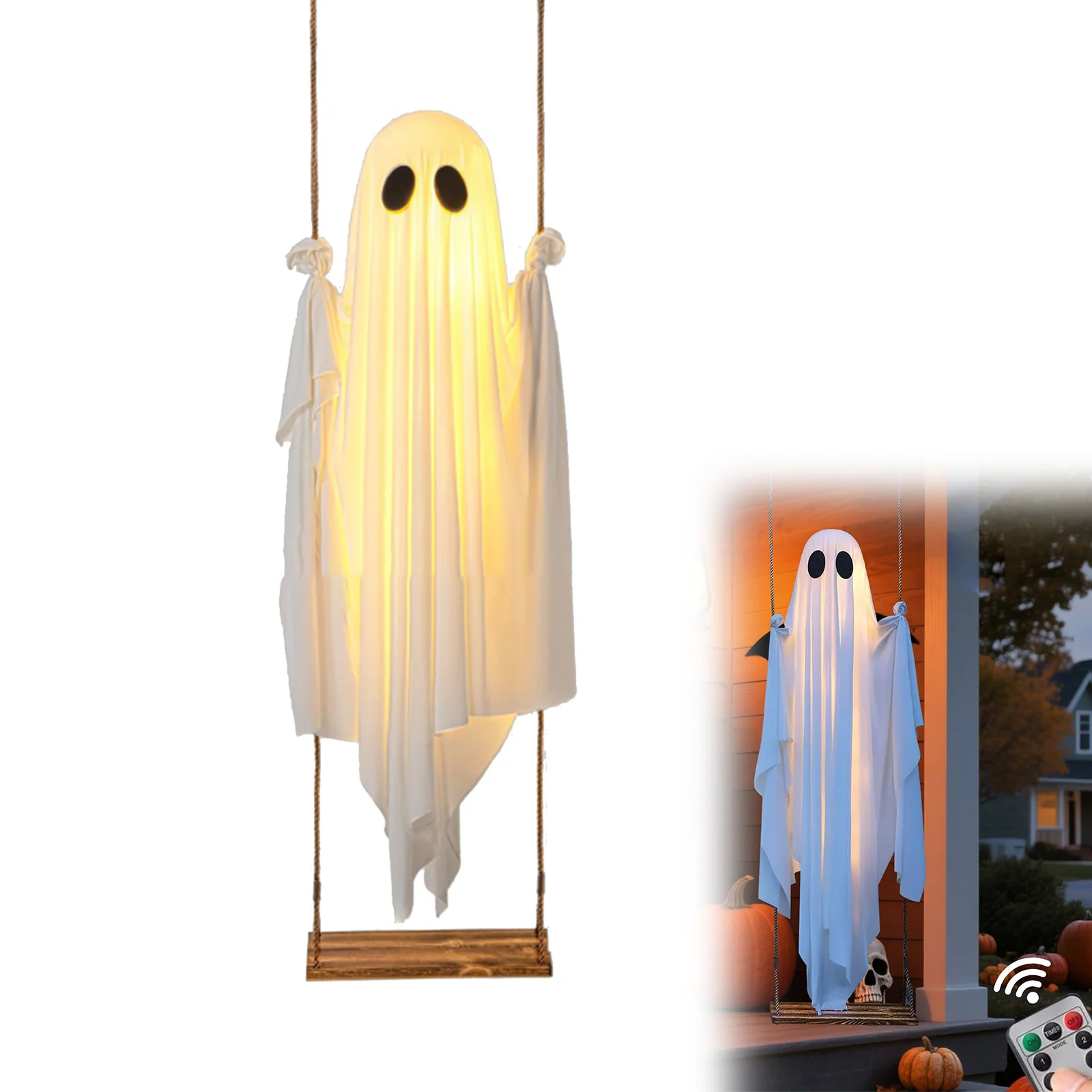 

Halloween Decorations Outdoor Large Hanging Swing With Remote Control String Lights & Upgraded Sheet Scary Party Outside Decor