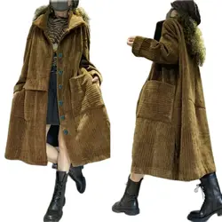 2023 New Fashion Corduroy Windbreaker Coat Female Mid-Length Big Pocket Autumn Winter Jacket Korean Version Women's Outerwear