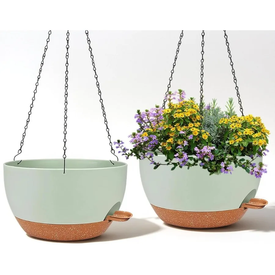 

2 Pack 12 Inch Large Hanging Planters with Chains Self Watering Green Brown Plastic Hanging Pots for Indoor Outdoor Plants Gard