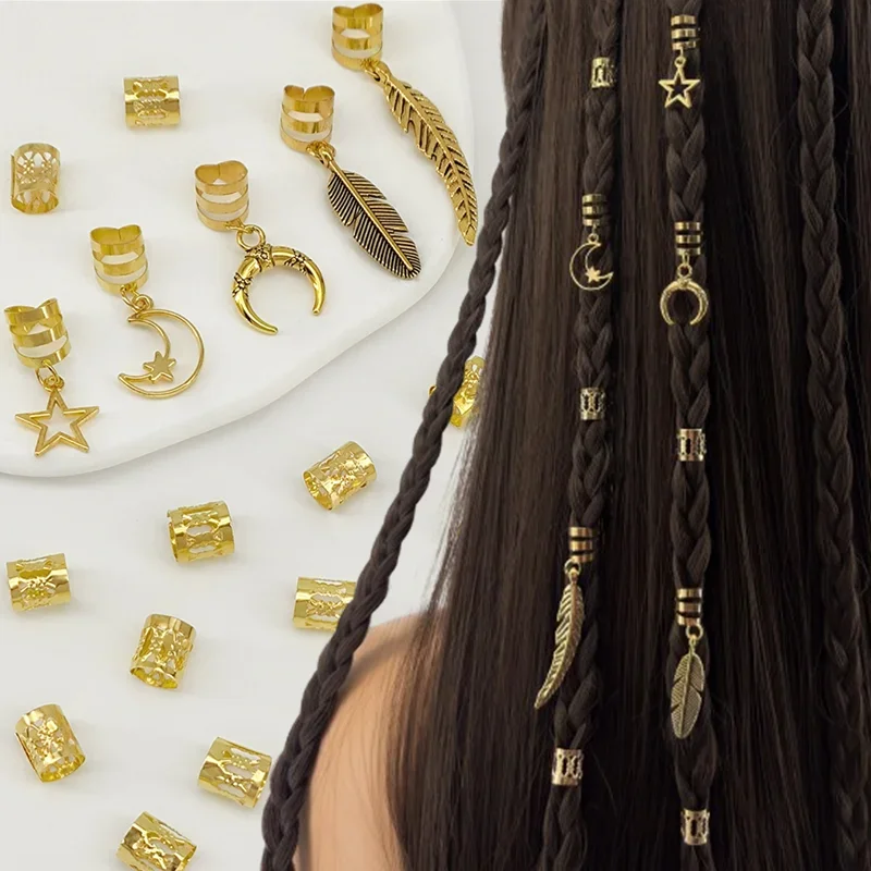 

26 шт., кольца для кос, зажимы, замки для дредов, крутая смесь для плетения волос, великолепное ретро металлическое перо, луна, звезда, аксессуары для дредов