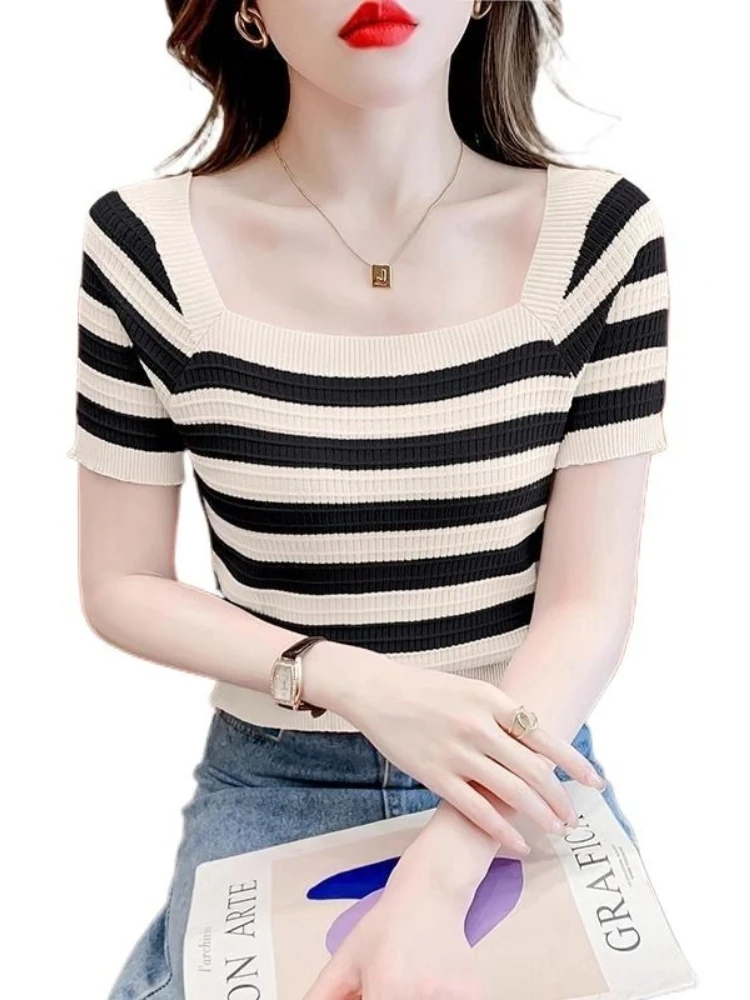 

Summer New Women's Short Sleeve T-Shirt Color Block Stripe Square Collar Slim Fit Inner Wear Sweet And Spicy Base Top Trendy