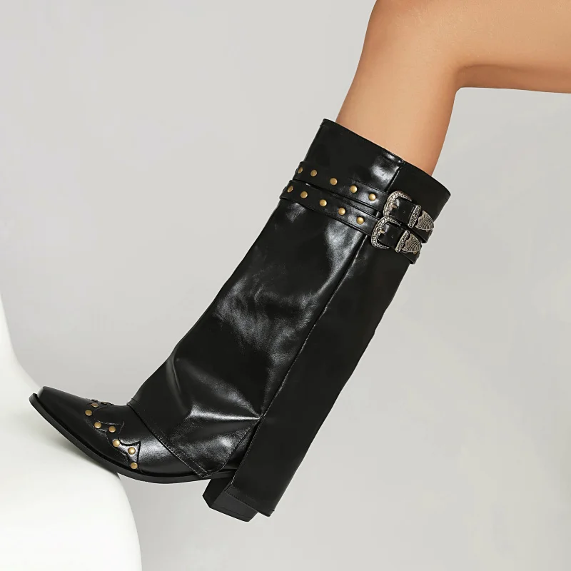 Women's Autumn Winter Boots Belt Buckle High Tube Boot Pants Boot Thick Heel Independent Station Rivet Cross Border Goods