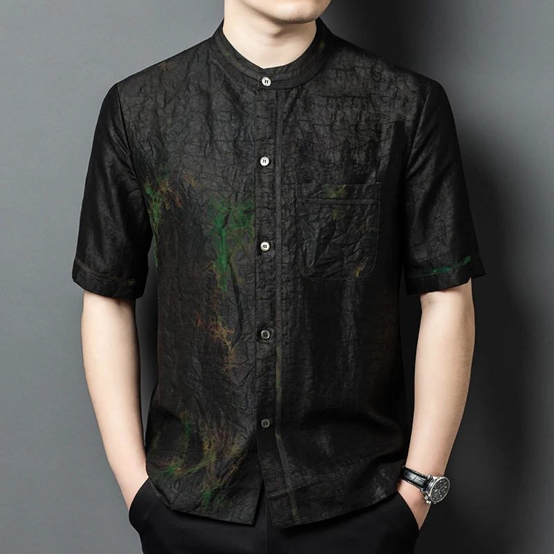 Genuine Silk 100% Premium Shirts For Men Short Sleeve Lightweight Summer Quality Skin-Friendly Coolness Pocket Camisas De Hombre
