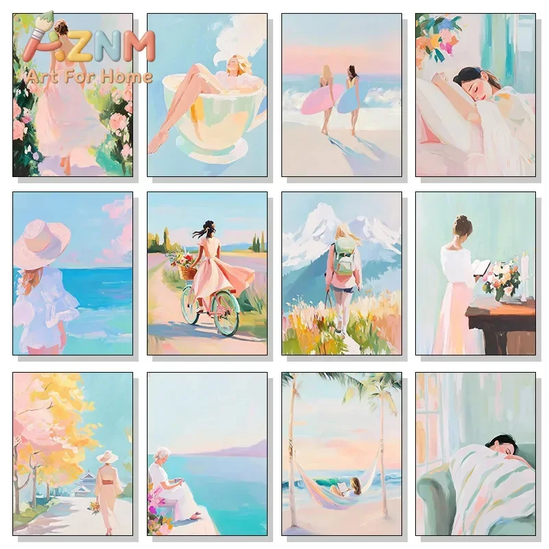 Leisure Soft And Lazy Pink Women With Natural Plant Landscape Art Posters Canvas Printing Home Living Room Wall Decor Painting