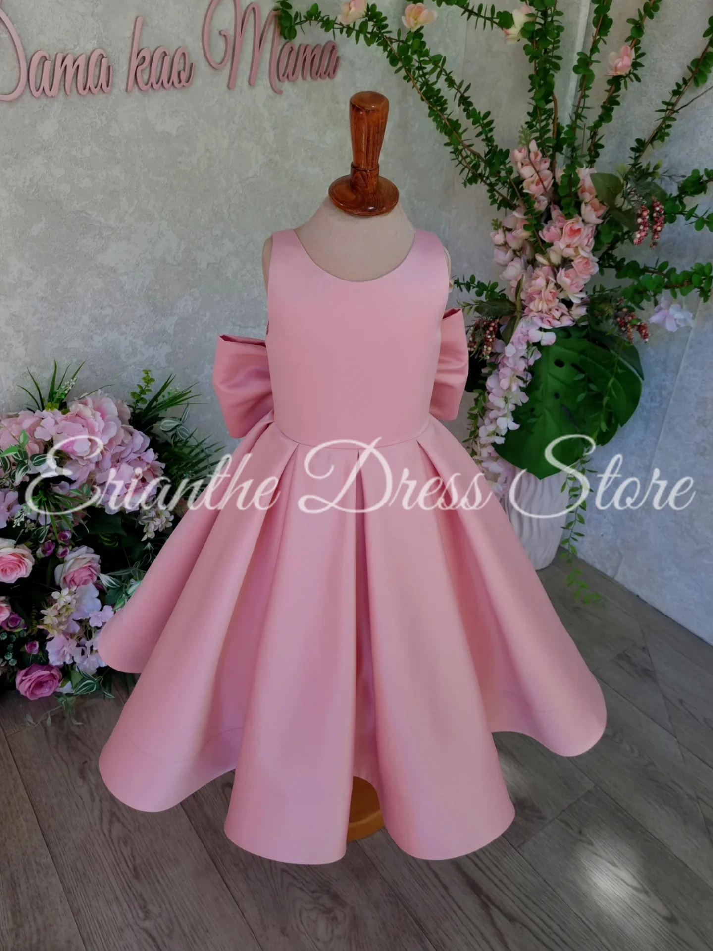 Pink Flower Girl Dress for Wedding Sleeveless Satin With Bow Customized Kids Birthday Party First Communion Ball Gown