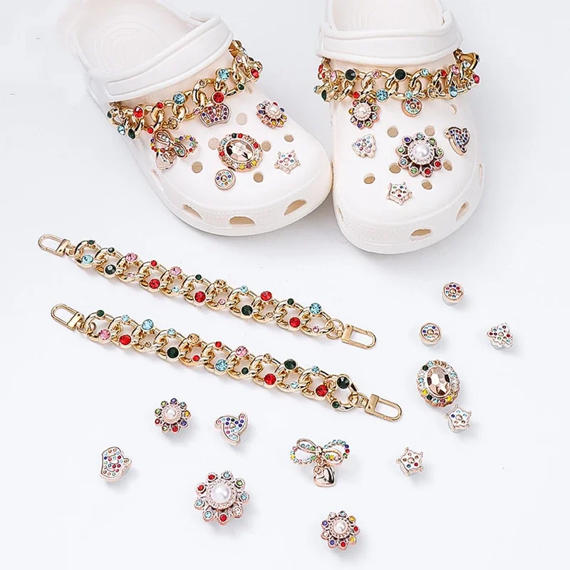 Shoe Charm DIY Pins Diamond Pearl Chain Gemstone Decoration Buckle for Hole Shoe Charms Set Accessories Kids Girls Gift