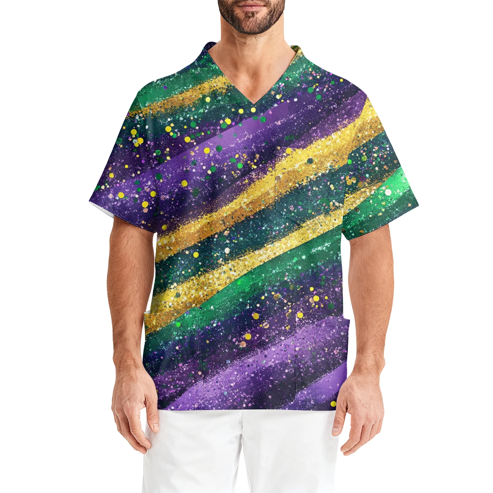 Uniforme d'infirmière imprimé de carnaval, chemise à manches courtes pour hommes, col en v, uniforme d'infirmière à manches courtes, veste de soignant de poche