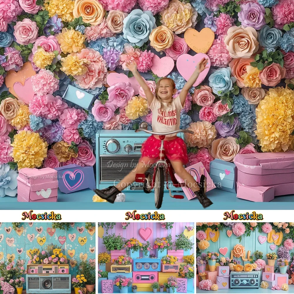 Valentine's Day Flower Room Background Colorful Radio Love Wood Wall Backdrop Girl Birthday Cake Smash Music Party Photo Studio