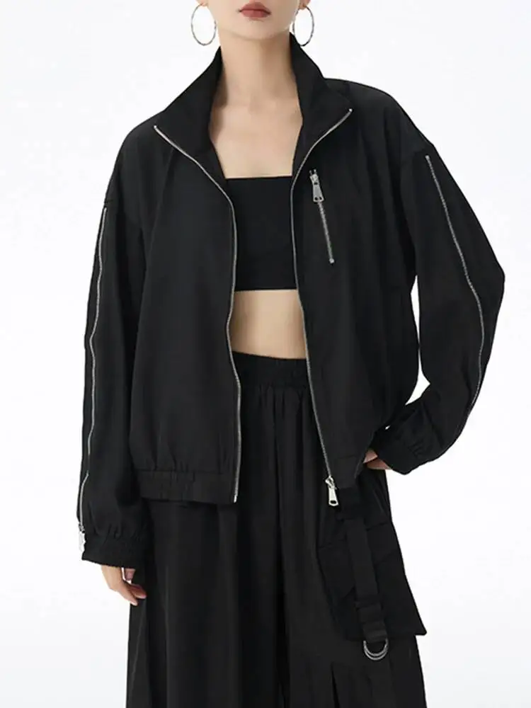 

Black Zipper Casual Big Size Jacket New Stand Collar Long Sleeve Women Coat Fashion Tide Spring Autumn