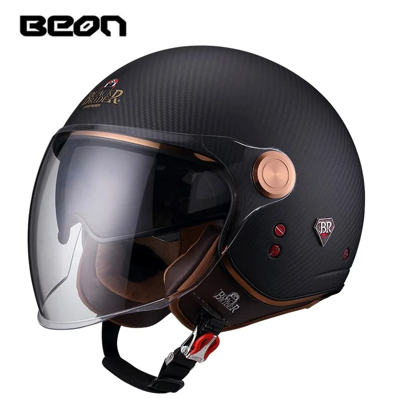 BEON BR20 Open Face Carbon Fiber 3/4 Vintage Half Helmet Motorcycle Retro Double Lens Visor Helmet Casque Moto Casco Capacete