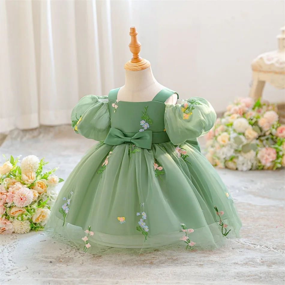 Boutique Baby Girl Forest Summer Dress Floral Bows Embroidery Ballerina Dance Performance Dress Girls Tutus Clothes Stock ASQ03