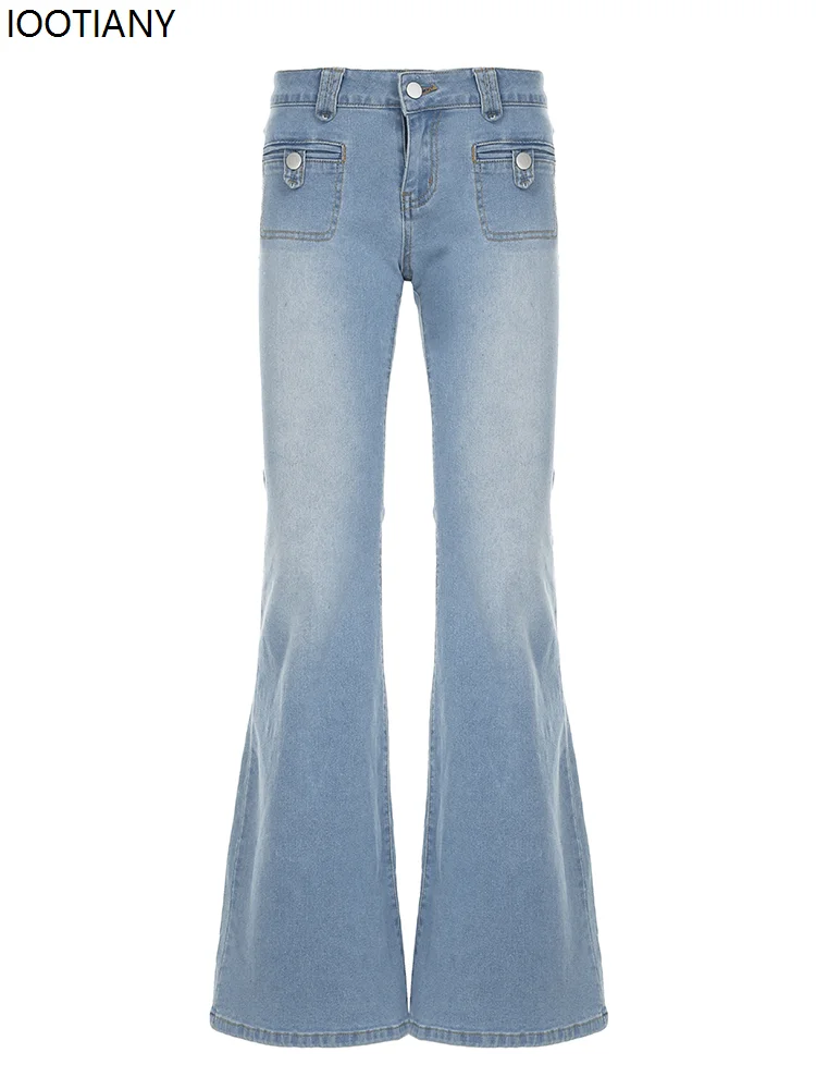 Light Blue Low Waist Flared Jeans Women's Street Style Y2k Slim Washed Jeans Retro Novelty Pocket Jeans Harajuku Style Women's 6