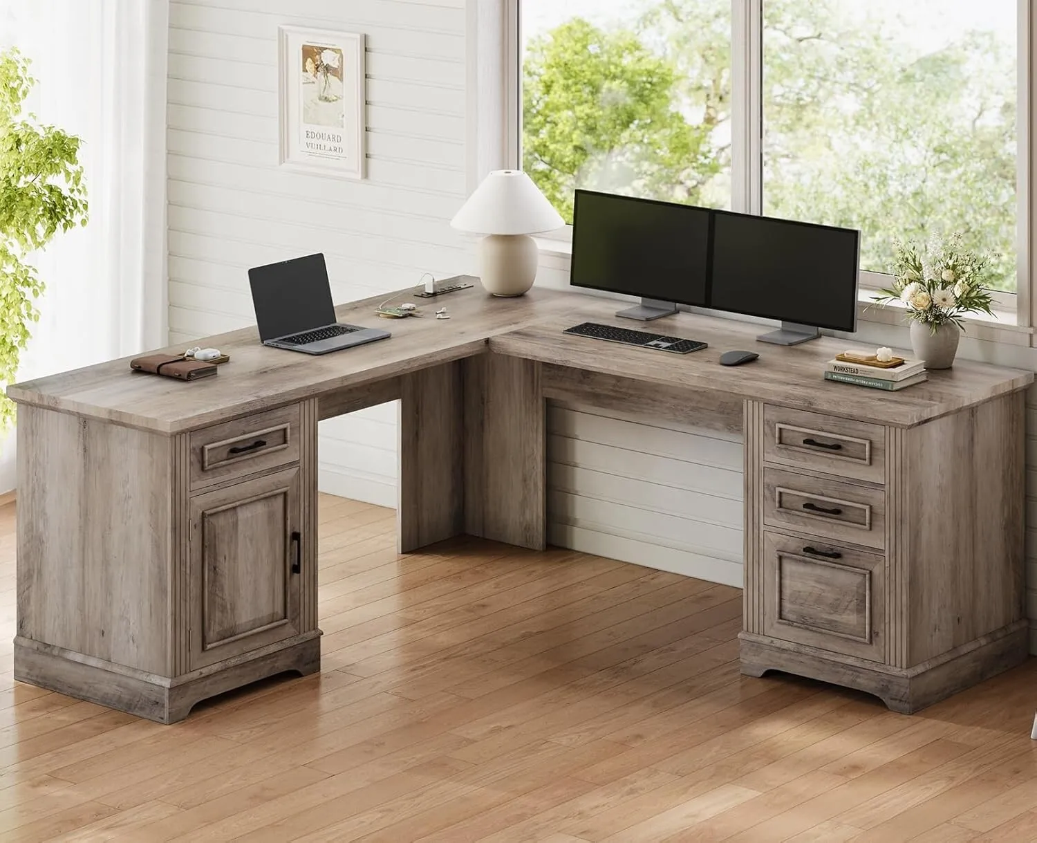 Farmhouse L Shaped Desk, Executive Computer Desk with Drawers & Storage Cabinet