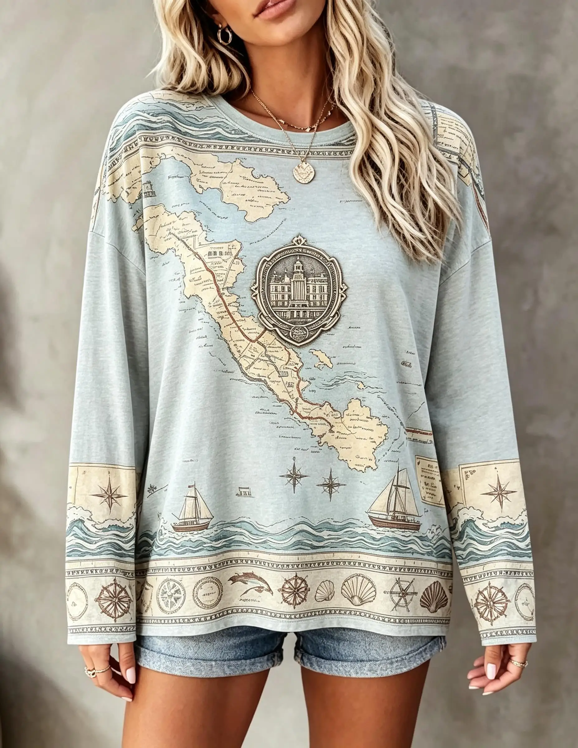 Women Long Sleeve T‑Shirt Vintage World Map Compass Camel Adventure Boho Print Crew Neck Casual Tops