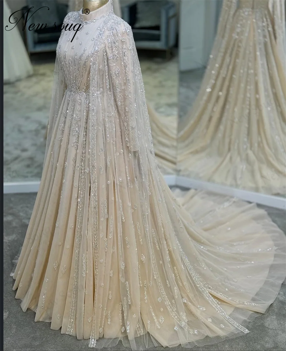 

Saudi Arabia Cream Color Beading Evening Dresses Muslom Long Train Crystals Wedding Party Gowns Vestidos De Cóctel Customized