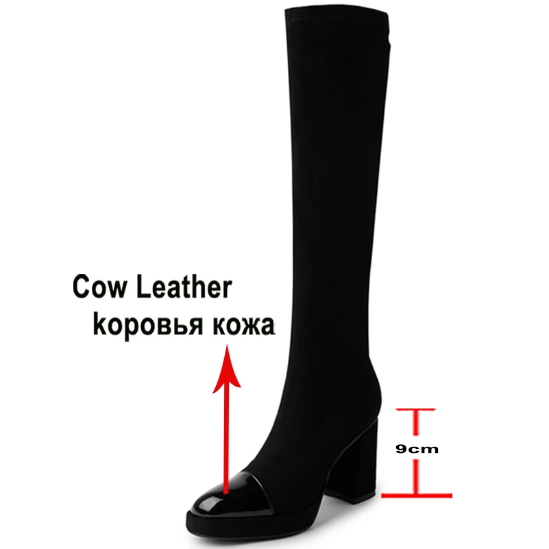 Meotina Women Genuine Leather Knee High Long Boots Round Toe Thick High Heels Zipper Gogo Boot Ladies Fashion Shoes Winter Black