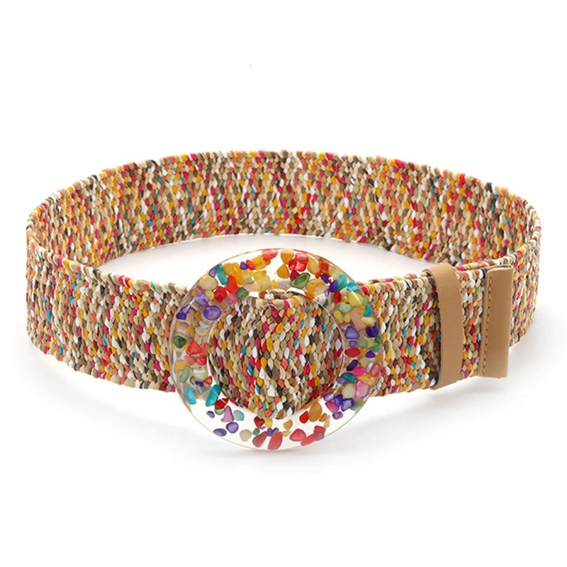 Vintage Bohemian Straw Braided Wide Belt for Women Colorful Buckle Ladies Dress Belt Fashion Female Strap Accessories