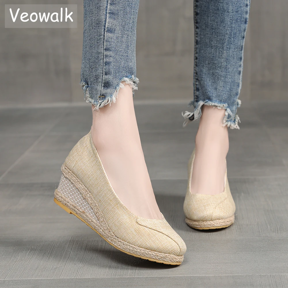 Veowalk Patchwork Women Linen 6cm High Heel Wedge Espadrilles Sandals Summer Comfortable Slip On Closed Toe Platform Shoes