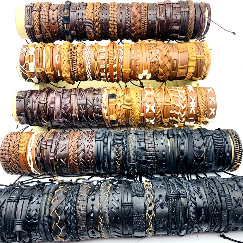 Wholesale 20/30/50/100/200pcs Vintage Leather Bracelets For Men Women Handmade Cuff Fashion Jewelry Party Gift Mix Lot Resizable